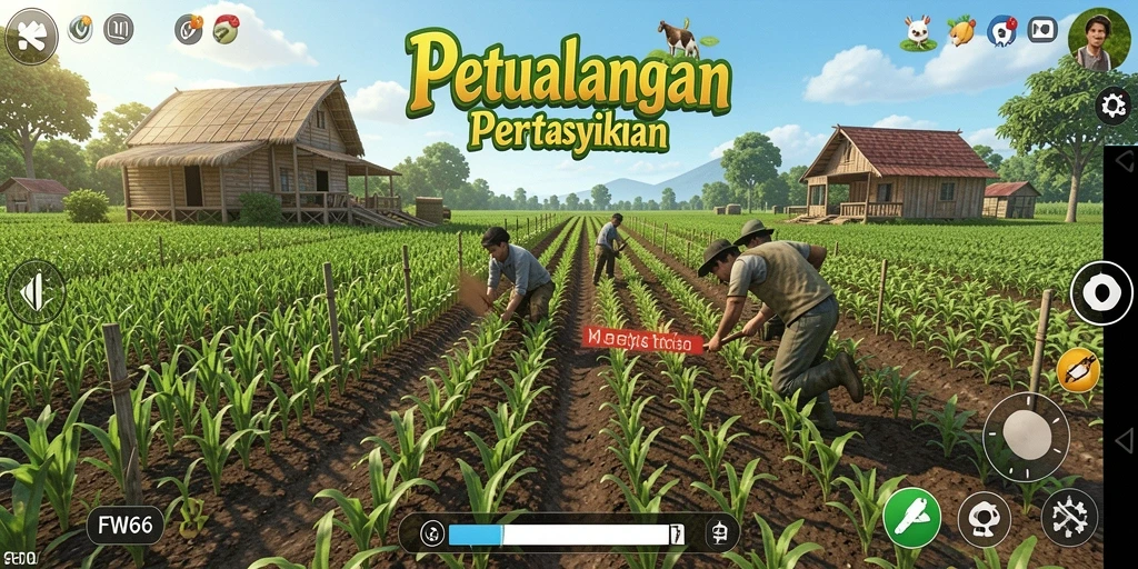 Tangkapan layar utama FW66 menunjukkan keseruan dalam bertani.