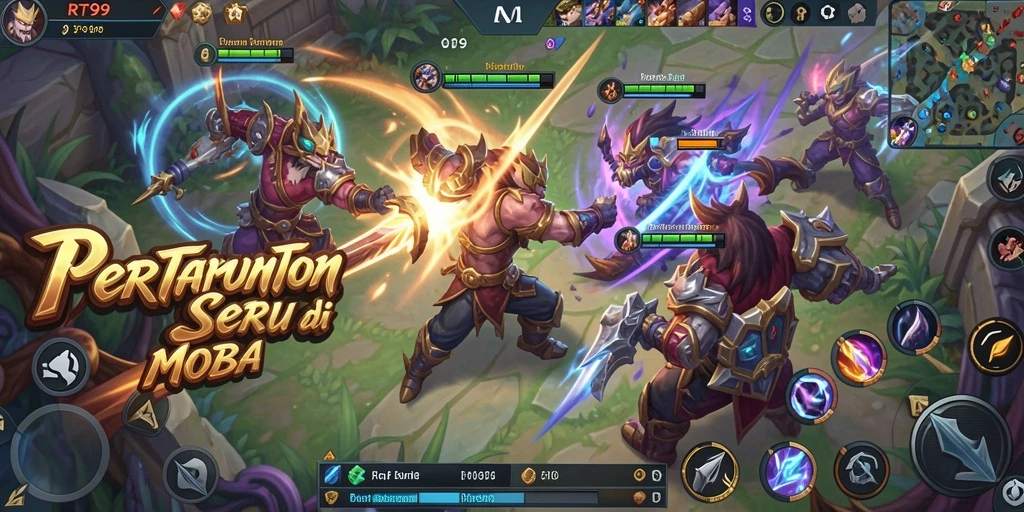 Screenshot gameplay RT99 menampilkan aksi seru di arena MOBA.
