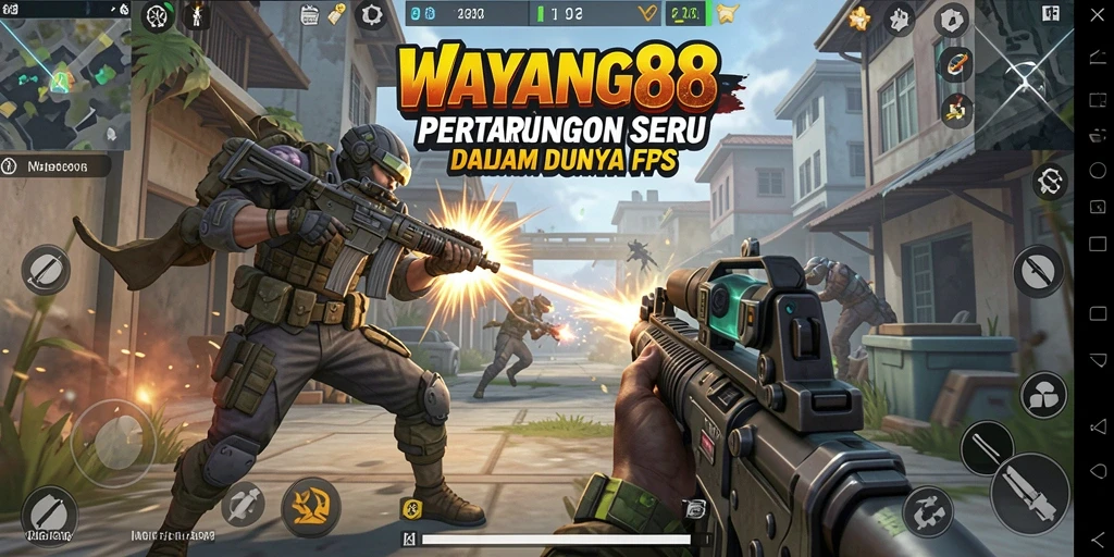 Screenshot utama WAYANG88 menampilkan aksi tembak-menembak yang intens.